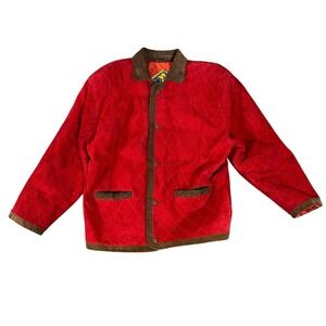 Vintage Fox Run Red Quilted Suede Leather Jacket Women's M Brown Trim Snap Front